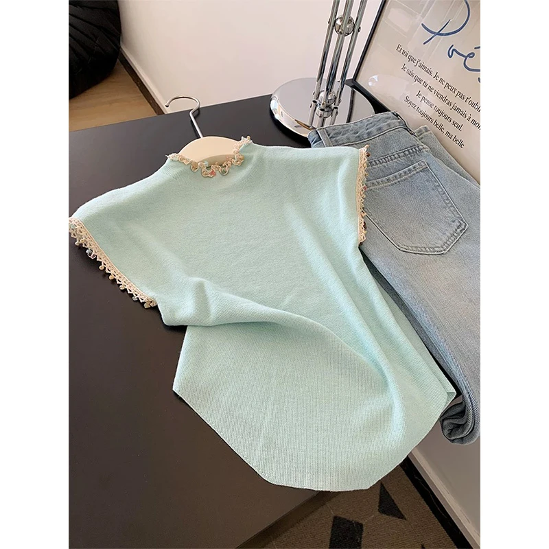 多巴胺独特漂亮上衣薄荷绿蕾丝边小飞袖针织短袖t袖女夏季SS33020