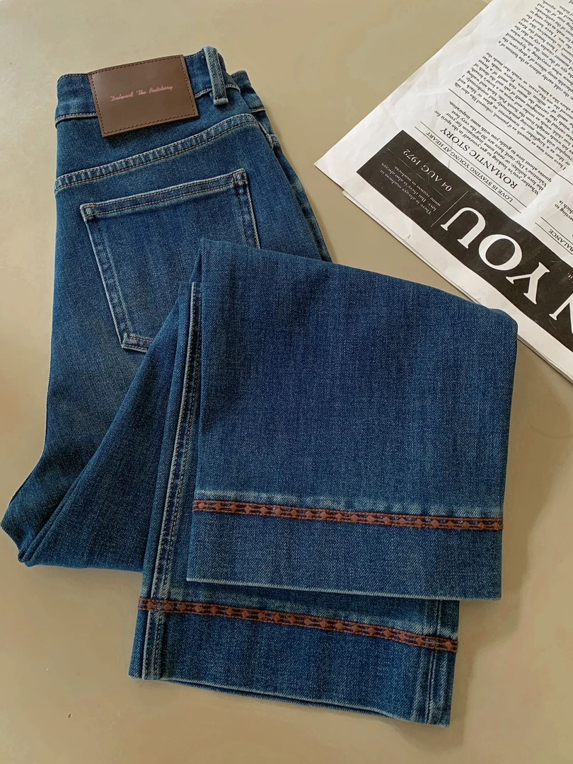 新款四面弹女中高腰复古水洗直筒奶奶牛仔裤