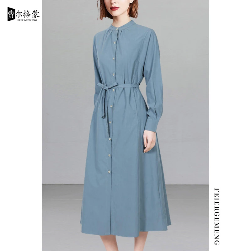 时尚春秋连衣裙收腰衬衫裙长裙蓝色显瘦气质长袖裙子通勤中长款潮
