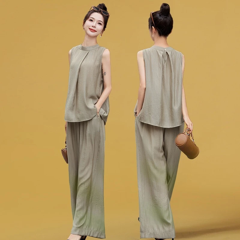 夏天两件套女装2025新款时尚气质洋气夏季御姐无袖上衣阔腿裤套装