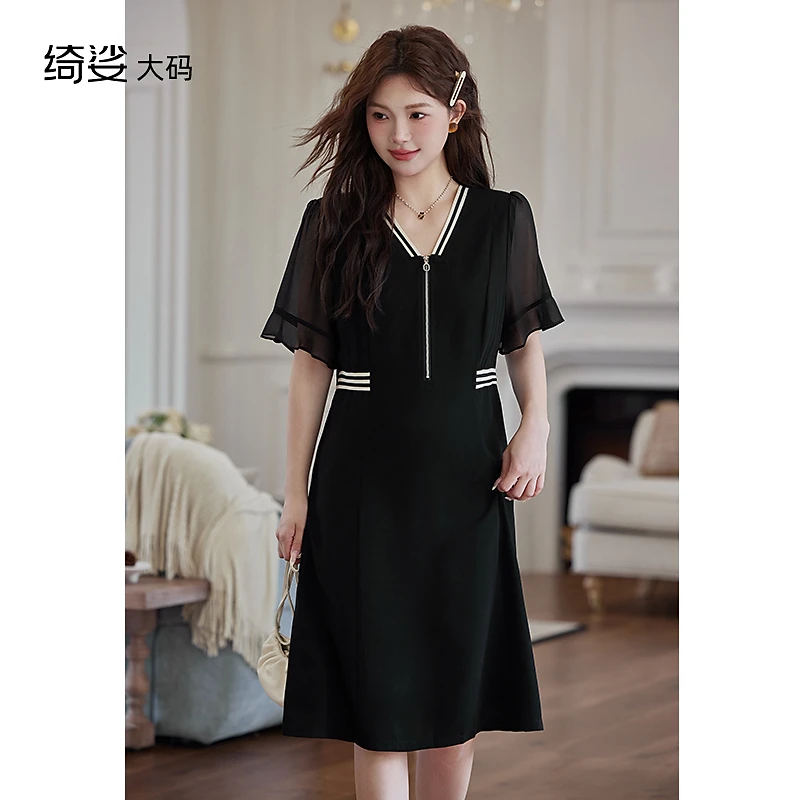绮娑大码女装2025夏装新款显瘦胖mm连衣裙拉链收腰黑色短袖A字裙