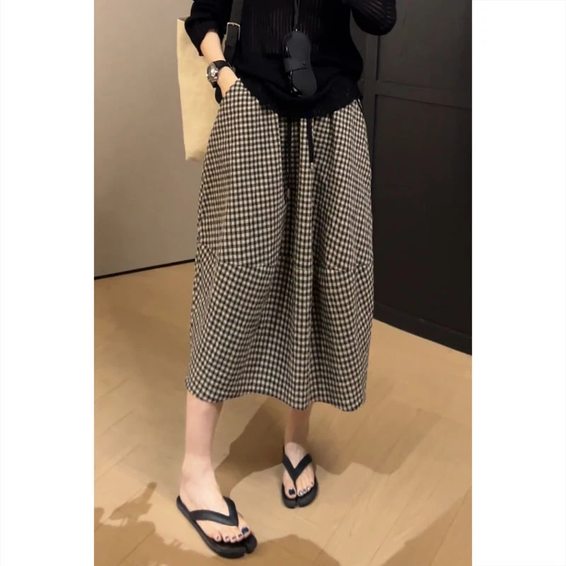 艾塔莉显瘦高腰格子半身裙女夏季新款遮肉宽松中长裙梨行身材伞裙