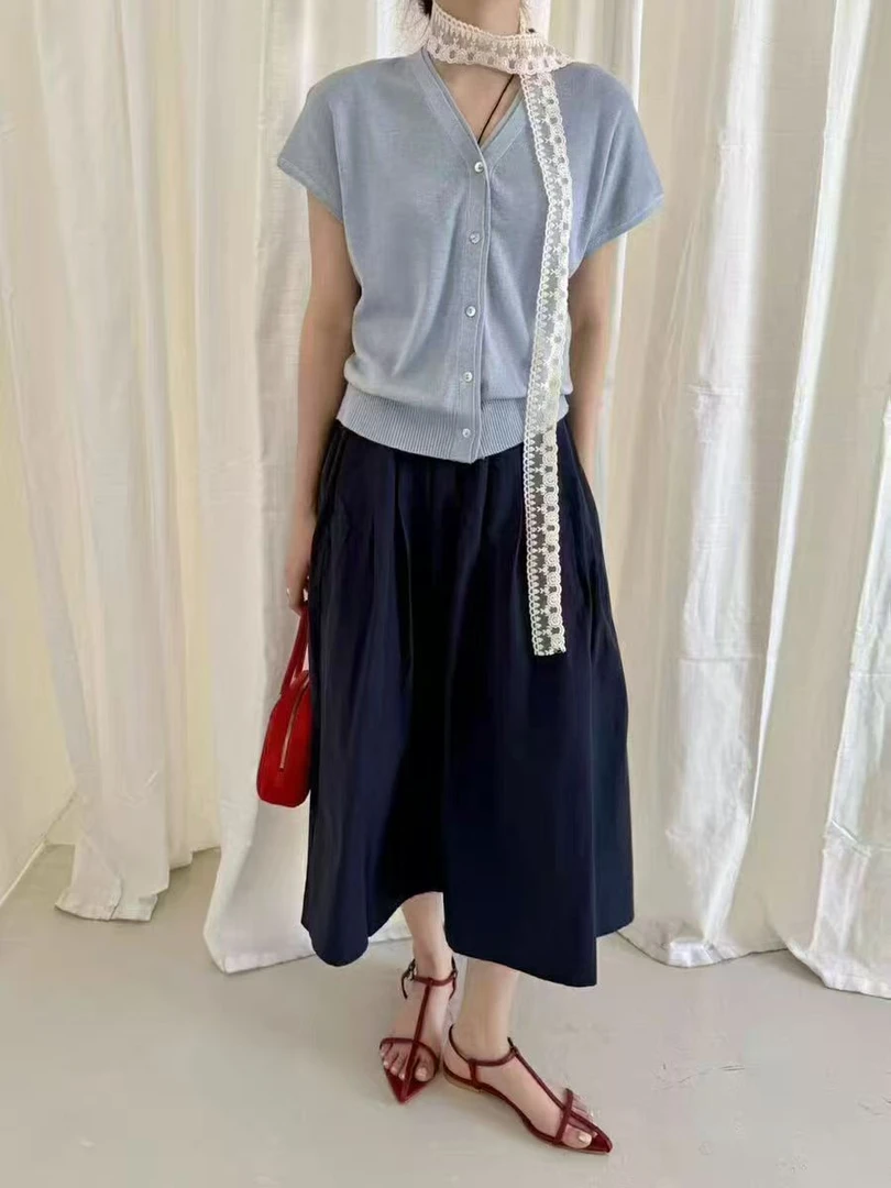 夏季含蕾丝飘带丝巾温柔显瘦V领开衫短袖