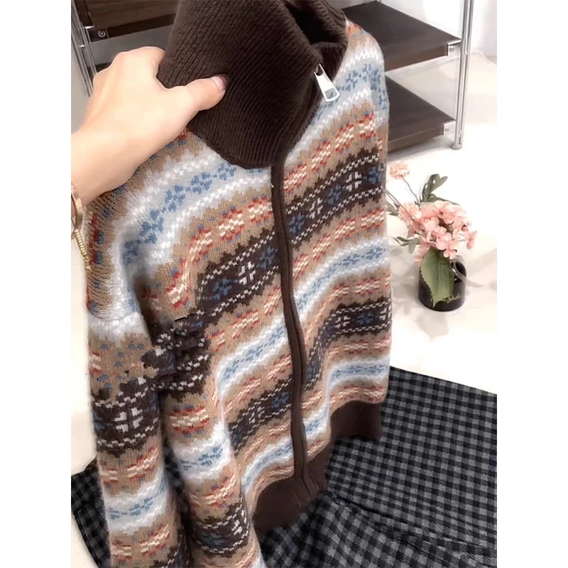 复古老钱风半高领提花拉链针织开衫女冬洋气毛衣外套气质长袖上衣