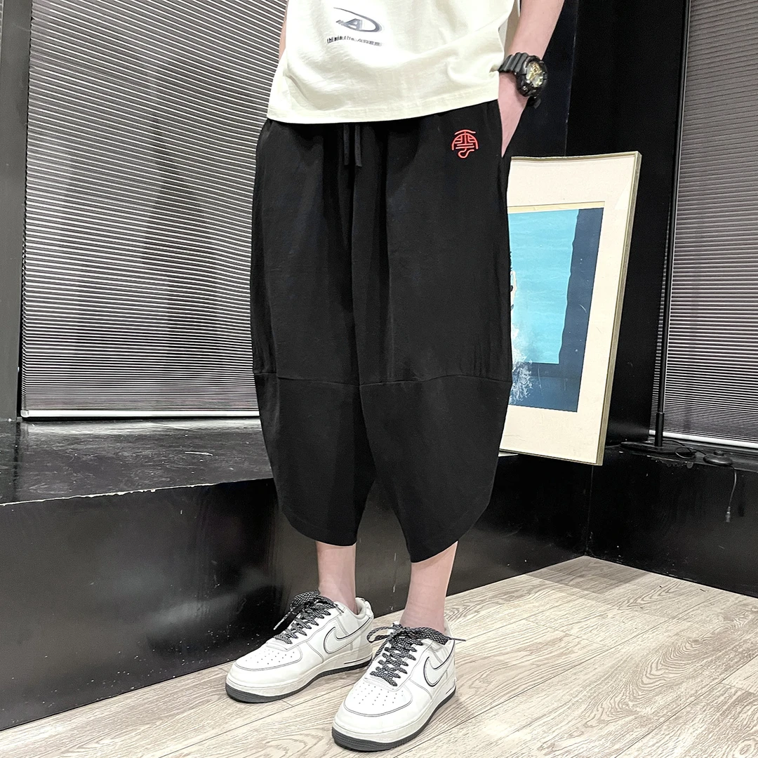 新中式男裤子复古棉麻七分裤夏季薄款中国风刺绣加大码宽松灯笼裤