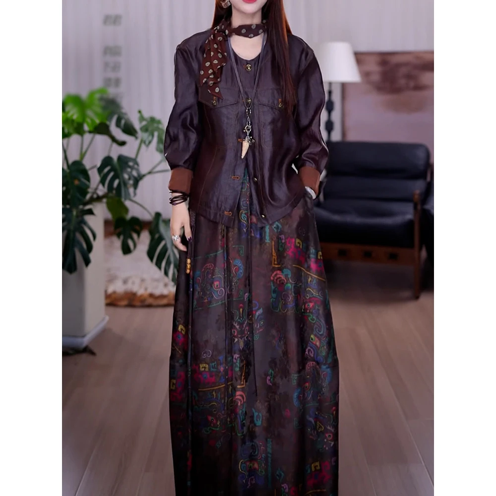 复古文艺风轻奢裙套装女2025秋季新款新中式盘扣上衣+印花半身裙