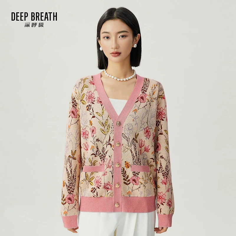 DEEP BREATH深呼吸百搭V领花卉图案中长款针织开衫女A401071