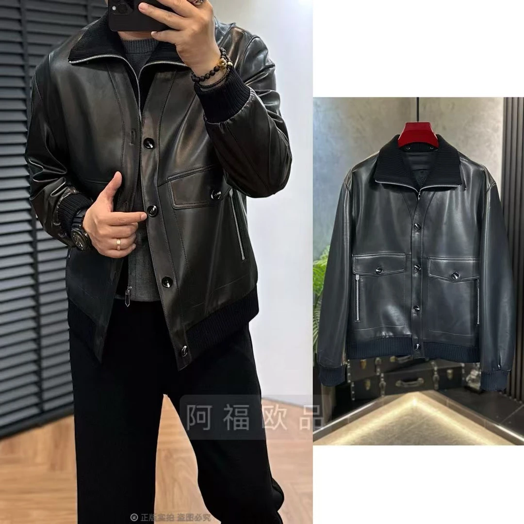 【阿福欧品】男士高奢巴黎新款翻领外套短款皮衣休闲秋冬男款真皮