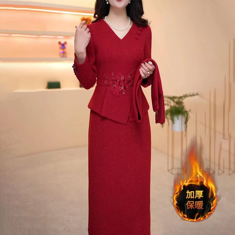 连衣裙2025新款女秋冬加厚喜婆婆婚宴装妈妈礼服轻奢高级感配大衣