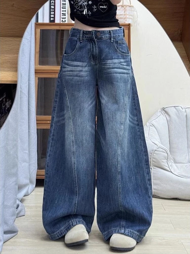 美式复古破洞解构弯刀牛仔裤女高街设计感宽松显瘦垂感阔腿拖地裤