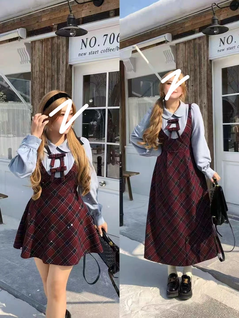 2025韩系纯欲风气质收腰显瘦精致法式学院风大码格子连衣裙621