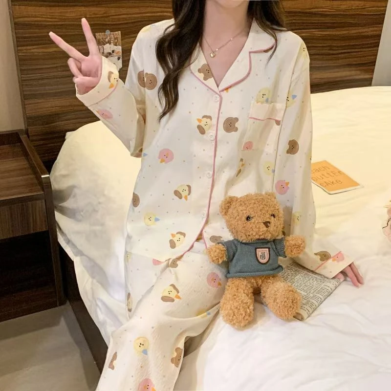 波点小熊长袖睡衣少女款春秋季云朵棉长袖长裤卡通两件套装家居服