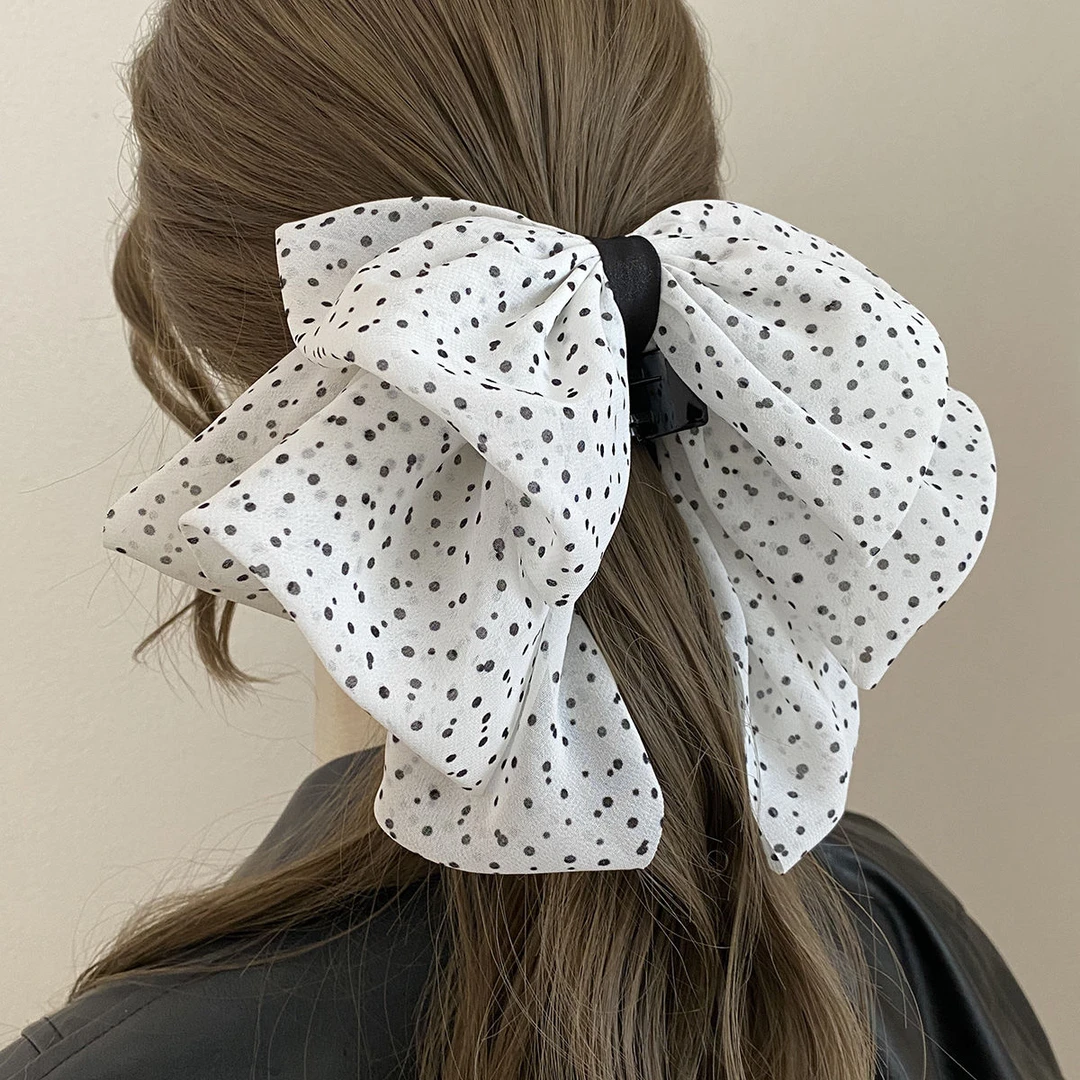 新款韩系雪纺纱黑白波点蝴蝶结马尾夹半扎发后脑勺鲨鱼夹抓夹女