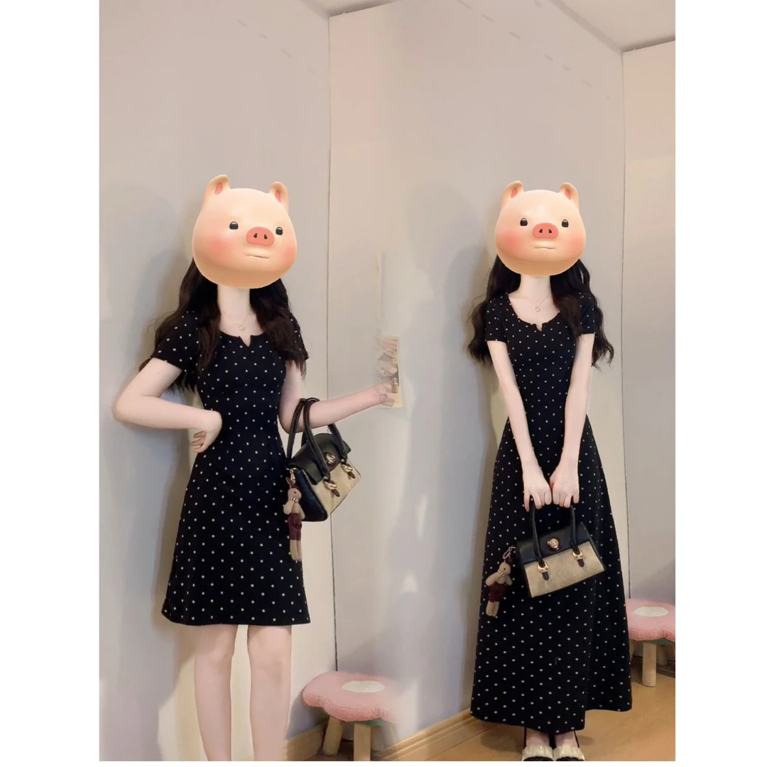 大码高级感波点连衣裙夏韩系甜美风收腰显瘦V领短袖裙子6001