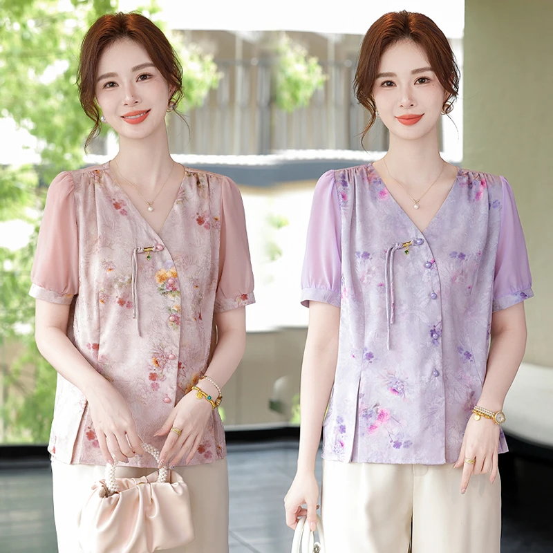 中年妈妈夏装短袖新中式国风碎花雪纺衫中老年女夏季国风T恤上衣