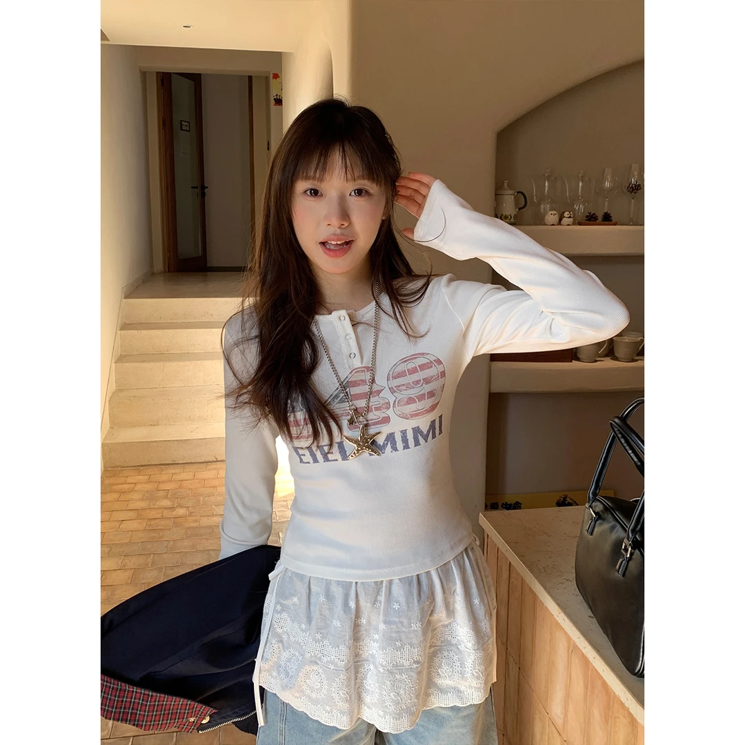 NIDEBLACK韩系少女数字字母印花长袖T恤修身打底衫春秋上衣打底衫