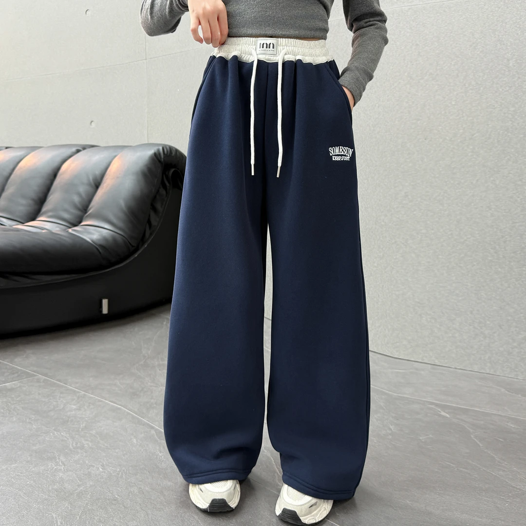 女童加绒卫裤秋冬款儿童冬季一体绒阔腿裤大童运动裤12岁女孩裤子