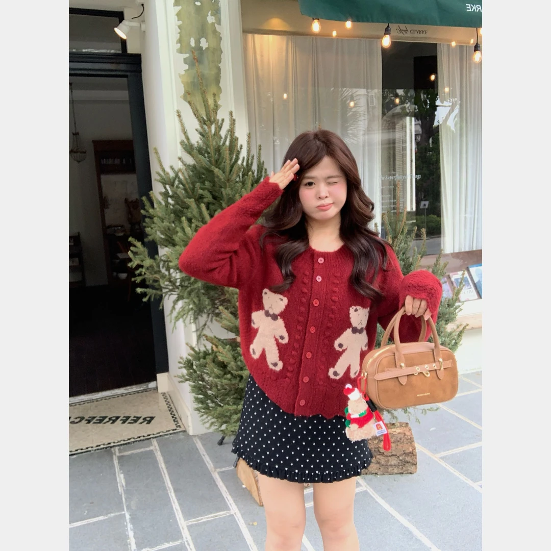 【圣诞小熊】大头婷微胖定制别致小熊印花红色减龄显瘦毛衣 M2051
