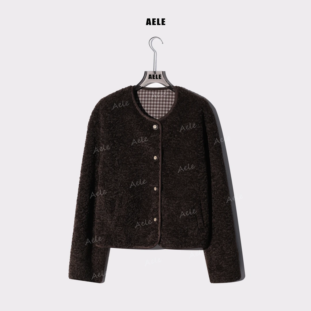 AELE【木扣泰迪】复古简约宽松圆领毛呢颗粒绒短外套 R855 3257 AD