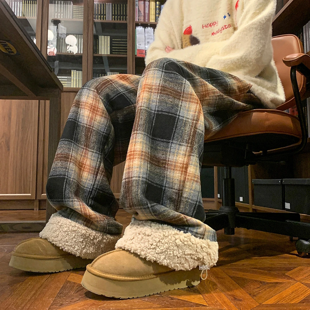cuwu美式复古格纹棉裤女冬季羊羔绒加厚保暖慵懒风阔腿休闲裤子