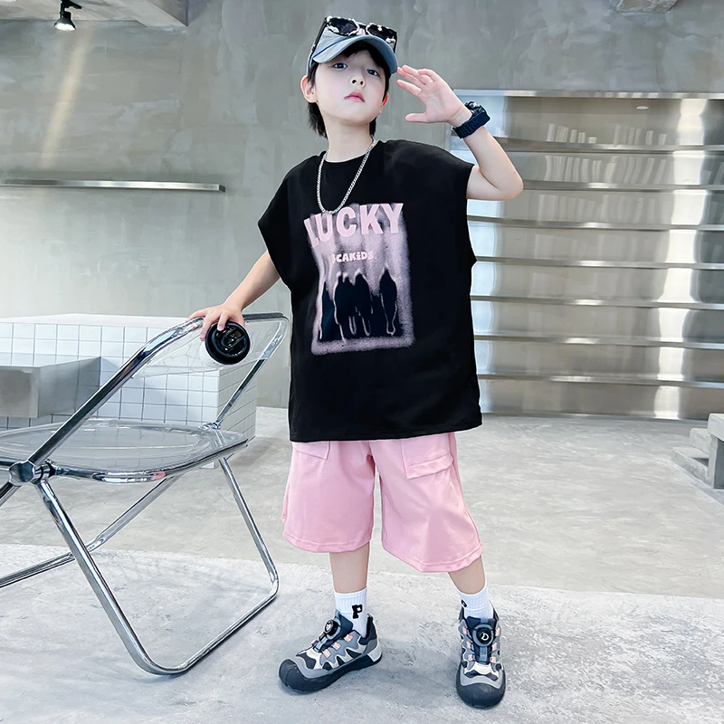 男童背心套装夏季中大童2025新款儿童夏装粉色短裤男孩无袖两件套