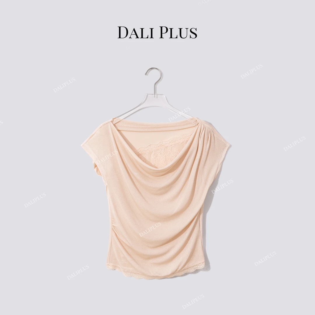 DALI PLUS“冰丝醋酸蕾丝T”轻薄透气荡领t恤-D5CH4308