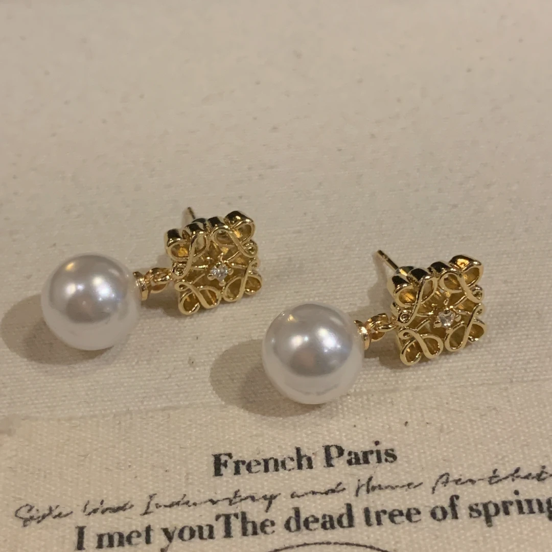 铜吊坠 法式轻珍珠耳钉高级感复古简约百搭耳环