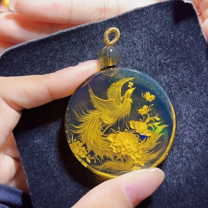 蓝珀未镶嵌珠宝奇石墨西哥蓝珀凤穿牡丹