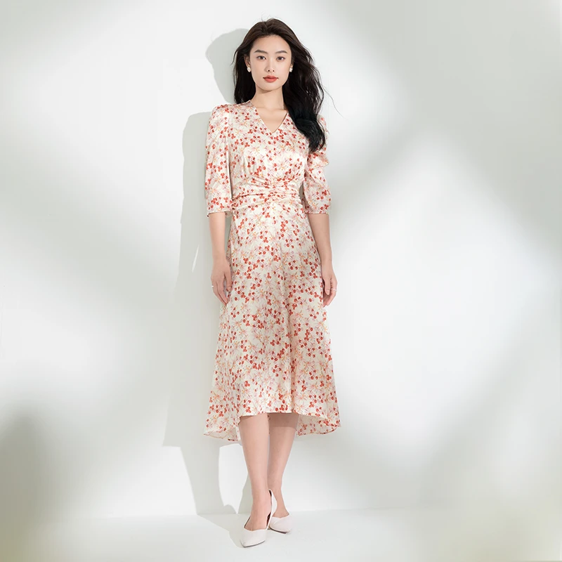【媛媛女王专享】法式V领收腰春夏秋春季印花显瘦连衣裙DC05112232