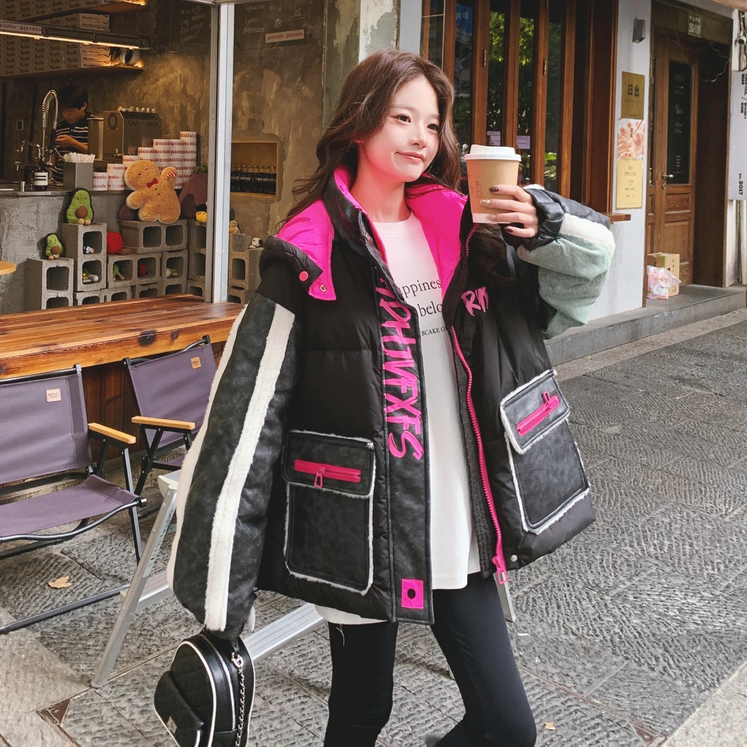 美式甜酷风字母印花工装羽绒服女2025冬季新款设计感撞色加厚外套