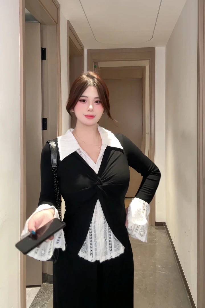 【惠珍】胖MM法式正肩假两件衬衫高级感长袖衬衣大码遮肉显瘦上衣