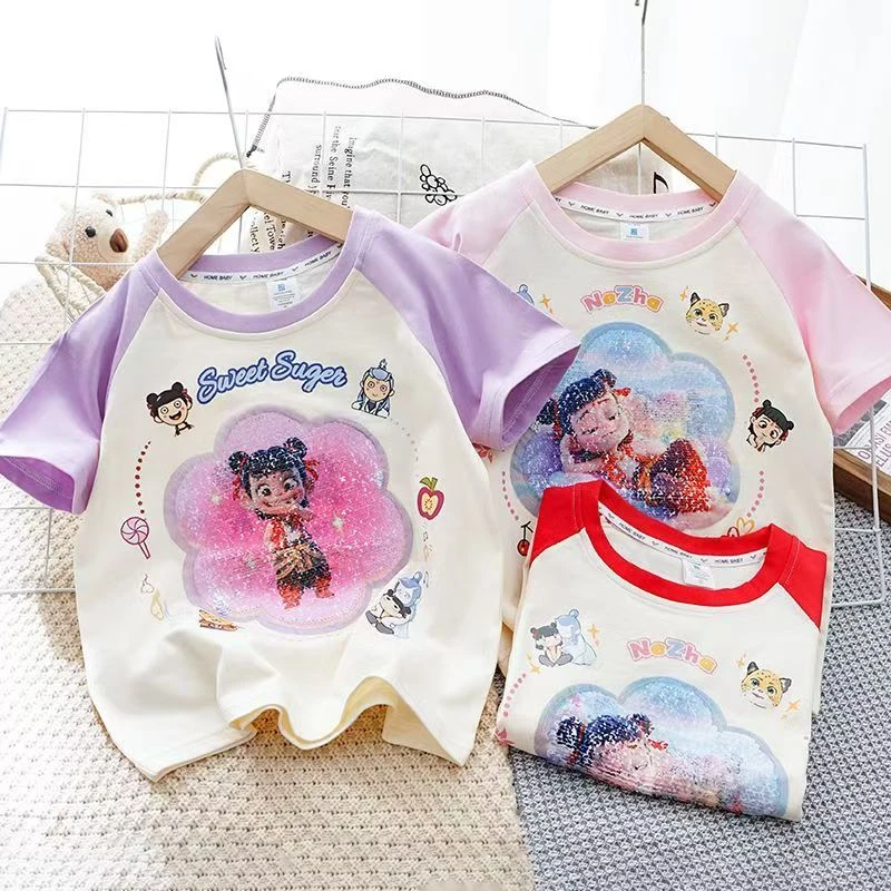 2025年新款夏季爆款炸街百搭洋气哪吒亮片翻转变脸短袖T恤女童