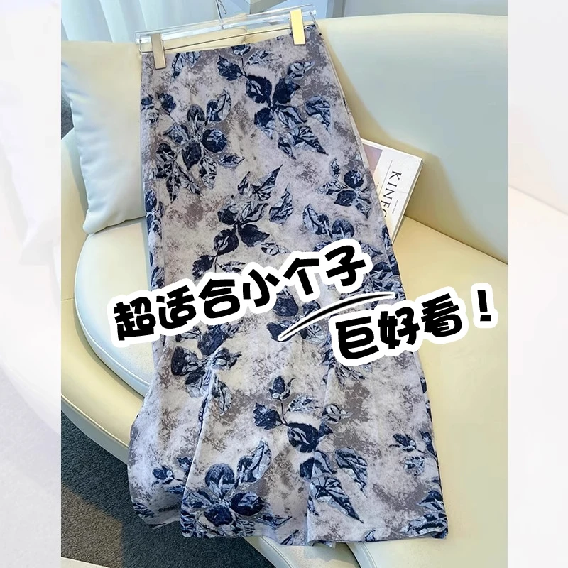 拉夏贝尔醋酸印花半身裙女夏季薄款2025新款碎花直筒a字裙包臀裙