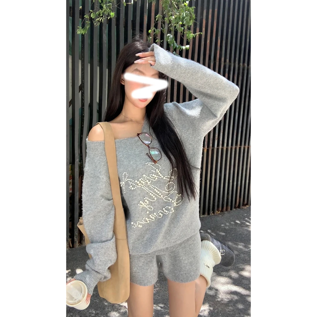 针织衫女韩系秋装穿搭新款裤子+上衣黑色斜肩慵懒风毛衣外套套装