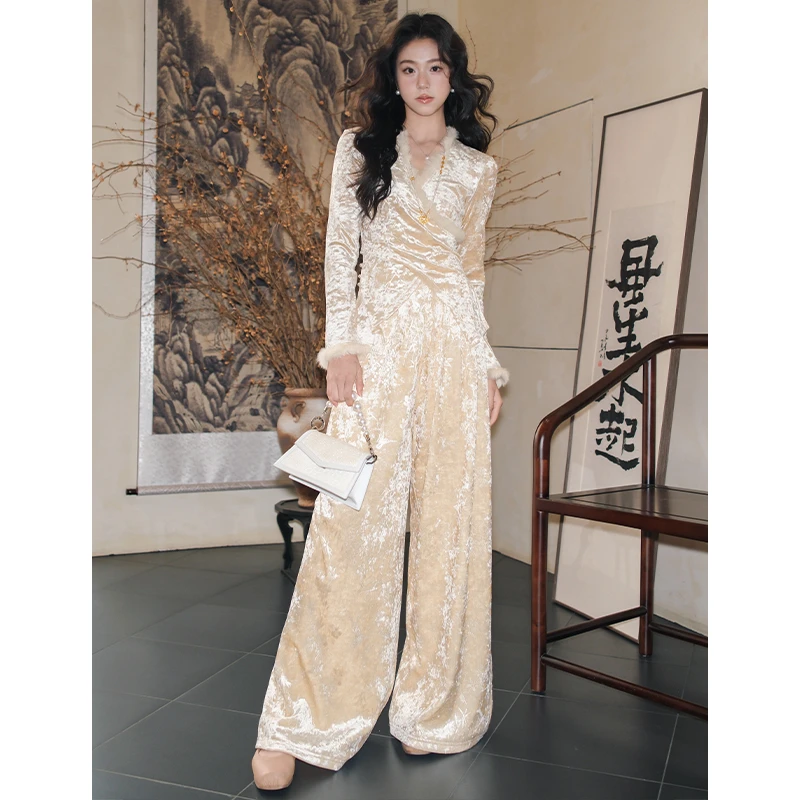 《予里诗画》新中式毛毛V领交叉腰封修身上衣口袋阔腿裤彼得潘大叔