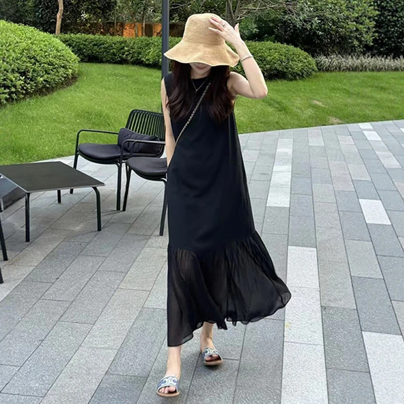 时尚不规则裙子 欧货感赫本风网纱拼接无袖连衣裙夏季优雅长裙