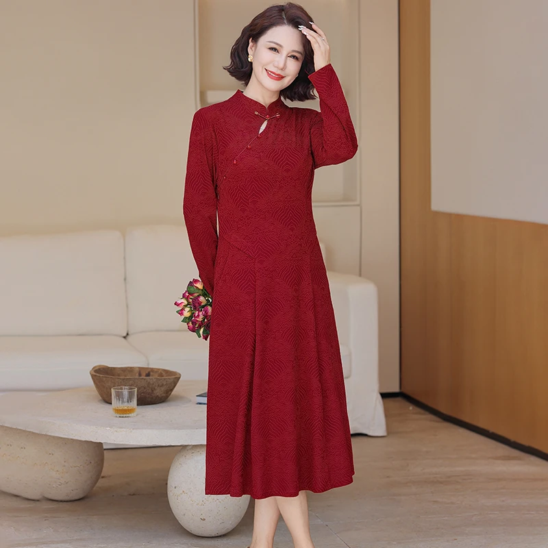 中年妈妈婚宴礼服高贵改良旗袍裙子2025新款中老年春秋装连衣裙女
