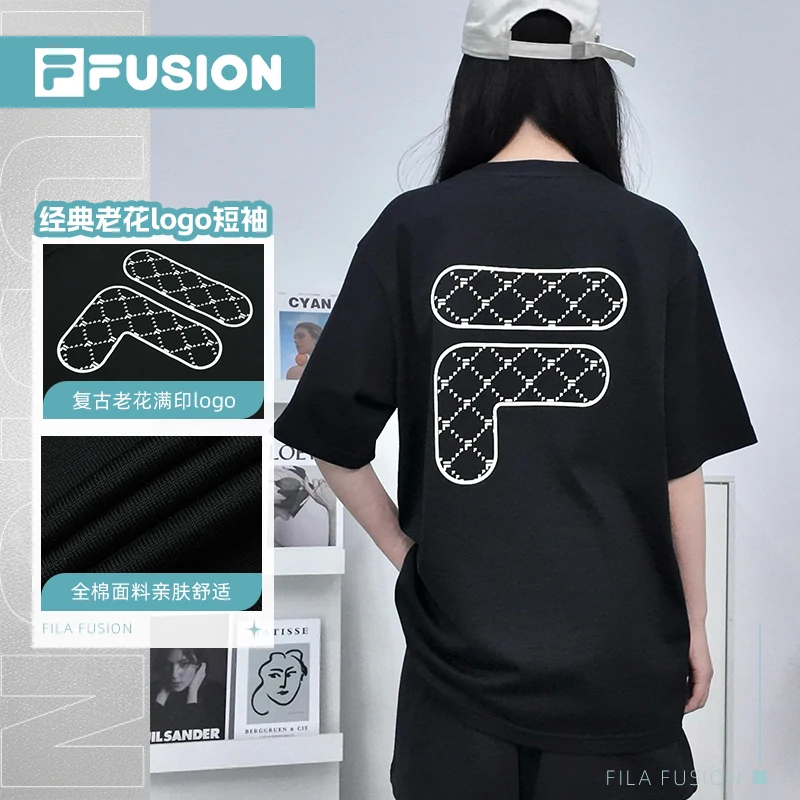 Fila/斐乐潮牌女装夏季老花T恤舒适纯棉运动上衣宽松印花美式T恤