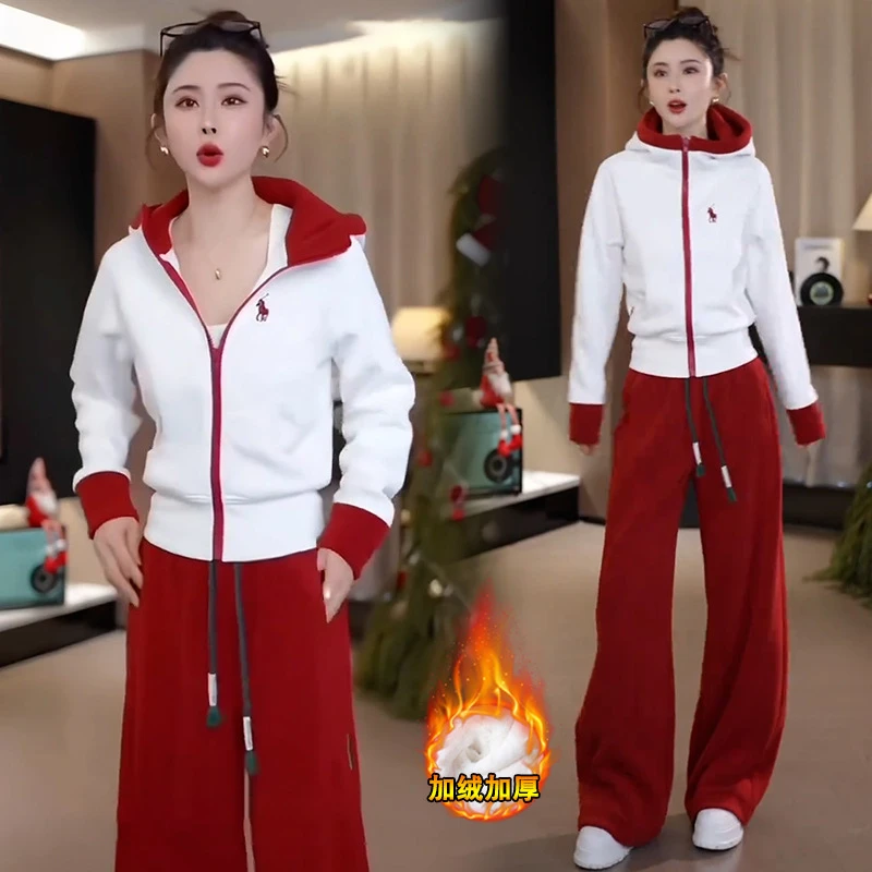 2024冬季新款加绒加厚休闲运动套装女显瘦连帽卫衣阔腿裤两件套潮