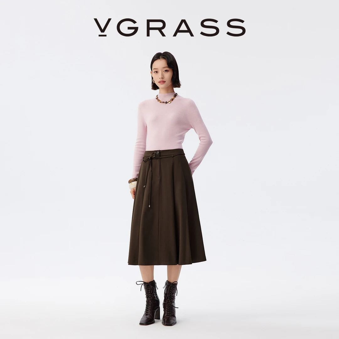 【羊羊专属】VGRASS冬季新款优雅定纺绵羊毛立体褶半裙VSB2P4842D