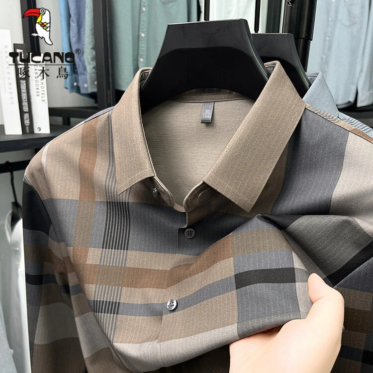 啄木鸟2025秋季免烫男士条纹衬衫弹力易打理商务休闲薄款轻奢风