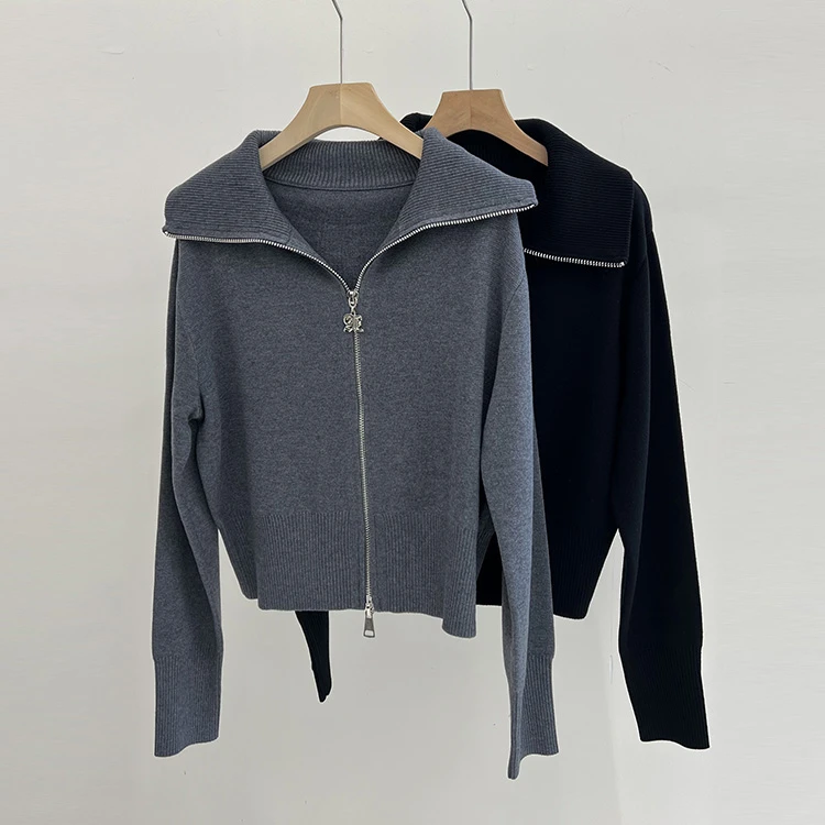 晶哥鱼鱼早春大翻领纯色宽松拉链针织衫 10377