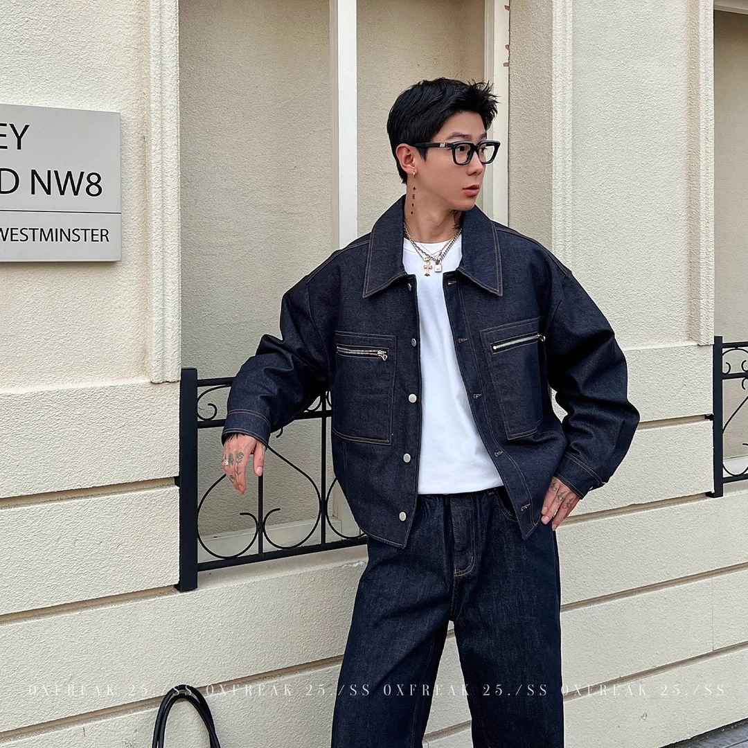OXFREAK「丹宁原牛 拉链口袋」深蓝色牛仔夹克男短款宽松工装外套