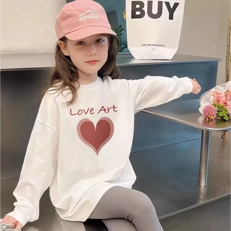 纯棉女童T恤休闲宽松儿童白色上衣时尚百搭中大童打底衫圆领长袖