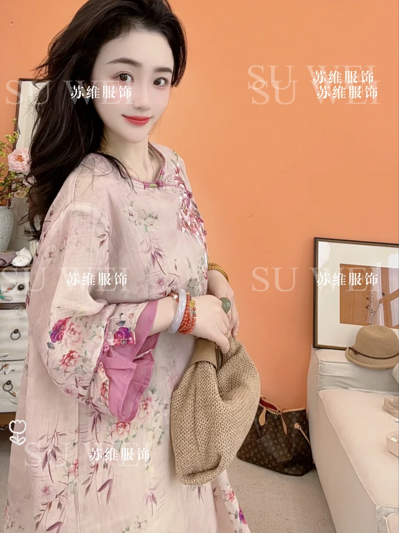 1321苎麻系扣圆领春夏中袖印花刺绣连衣裙H型裙植物花卉