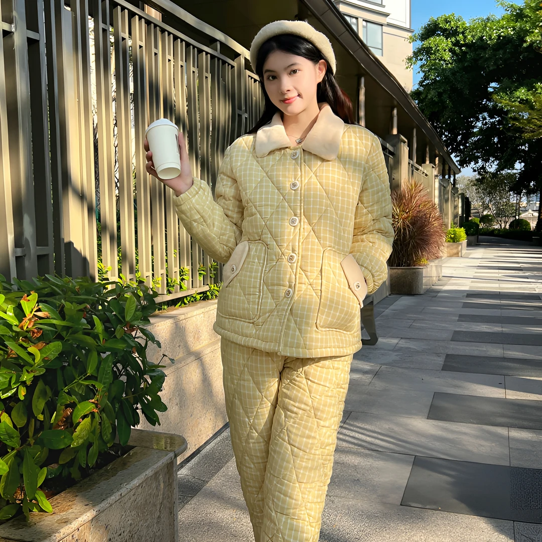 【半甜乐曲】韩蜜蜜新款纯棉女冬加厚加绒睡衣小香风时尚夹棉家居服