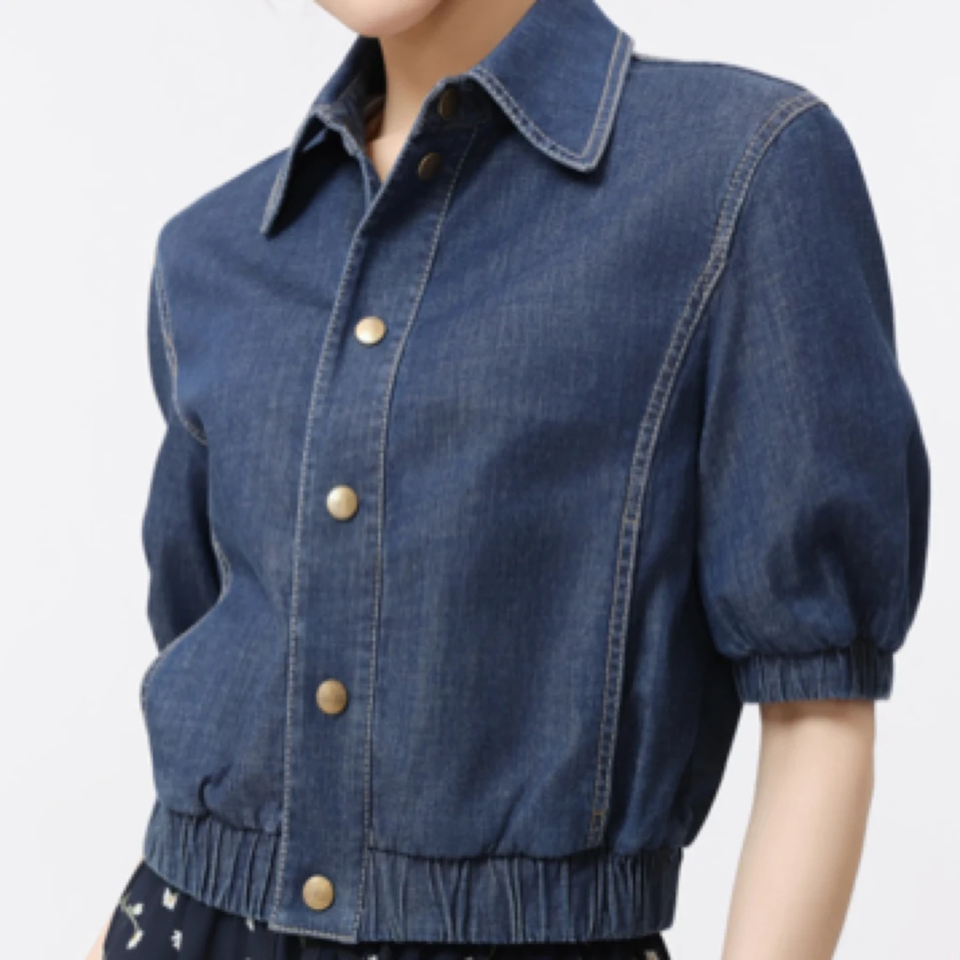 GIRDEAR/哥弟哥弟复古休闲五分袖泡泡袖短款明线牛仔衬衫1300847