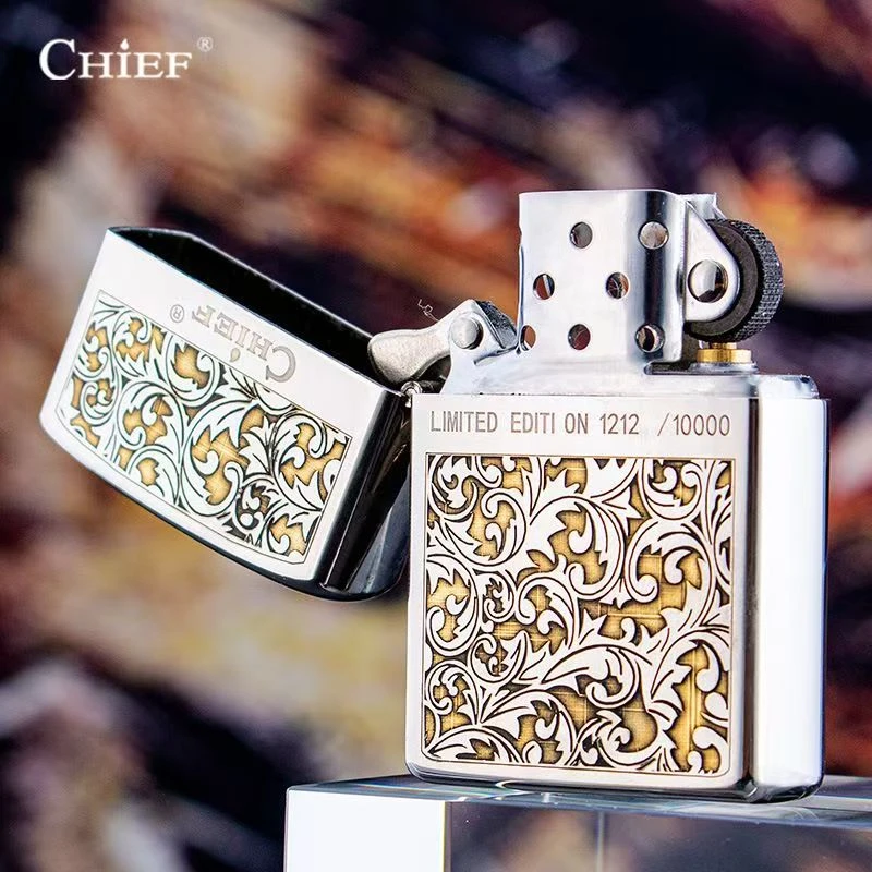 CHIEF/首领唐草花砂轮煤油防风创意打火机男士高端经典精雕黄铜机
