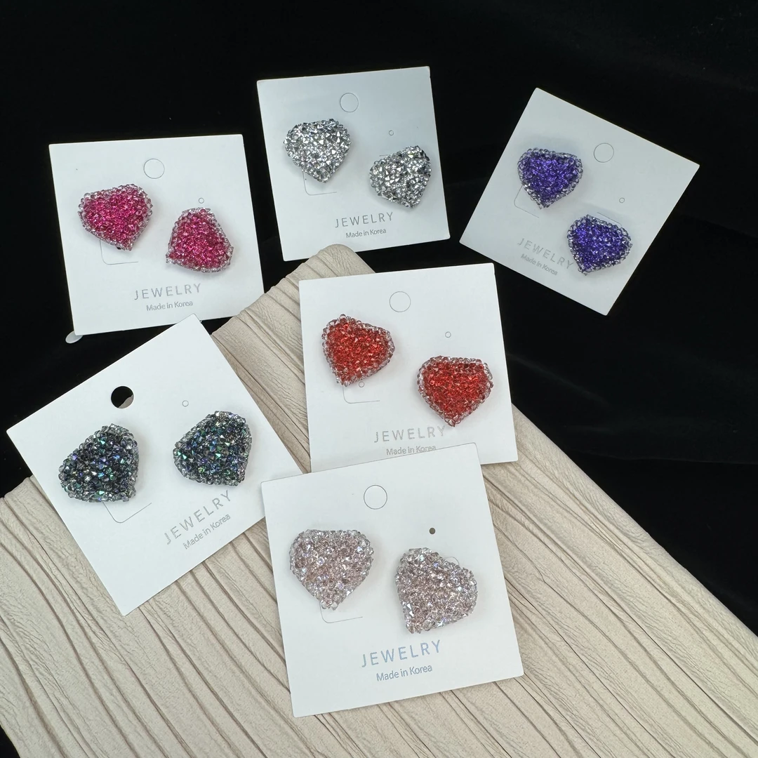 铜合金合成锆石耳饰 韩国新款施华S家砂糖碎钻爱心耳环百搭 E03