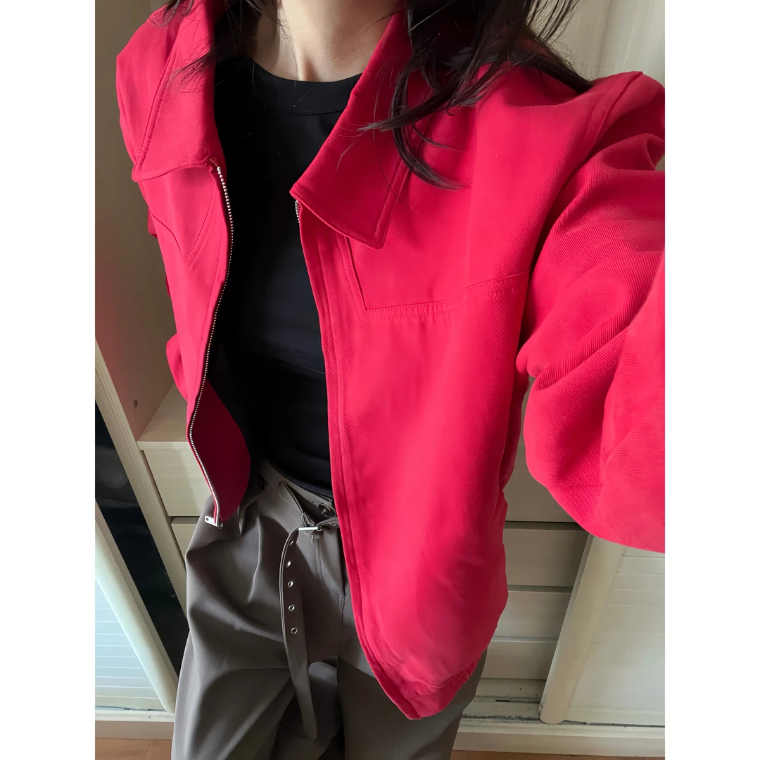 ESEWRD美式潮牌高级感红色哈灵顿夹克女宽松休闲翻领短款外套情侣